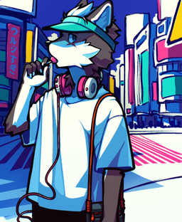 anthro bag black_body black_fur building candy city clothing crosswalk dessert electronics food food_in_mouth fur hair hat headgear headphones headwear lollipop male oversized_clothing pink_headphones shirt skyscraper solo text topwear visor_cap white_body white_clothing white_fur white_hair white_shirt white_topwear saicccus13 utau baion_urushi canid canine canis mammal wolf hi_res japanese_text