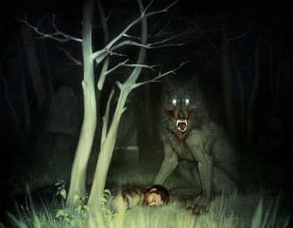 ambiguous_gender anthro blood blood_on_face bodily_fluids cemetery claws clothed clothing corpse darkness death duo flashlight fur glowing glowing_eyes horror_(theme) kneeling looking_at_viewer male night nude offscreen_character sharp_teeth snarling teeth tombstone coyotemange mythology canid canine human mammal mythological_canine mythological_creature werecanid werecanine werecreature werewolf story story_in_description