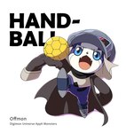 anthro appmon_(species) bandai_namco blue_eyes clothing coat digimon digimon_(species) english_text grey_body handball hat headgear headwear male offmon op7804620 oversized_sleeves solo sport text topwear