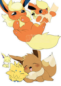 feral group azuma_minatsu nintendo pokemon eevee eeveelution flareon generation_1_pokemon generation_5_pokemon human jolteon joltik mammal pokemon_(species) hi_res tagme