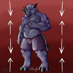 3_toes anthro bottomwear broken_horn clothed clothing digitigrade feet gradient_background grey_body horn humanoid_hands looking_at_viewer male muscular muscular_anthro muscular_arms muscular_thighs navel red_background shorts simple_background tail thin_tail toes topless topless_anthro topless_male alchemyfox mammal rhinoceros 1:1 digital_drawing_(artwork) digital_media_(artwork) english_description hi_res