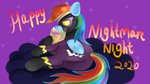 anthro candy clothing cloud costume dessert eating female food holidays shadowbolts_uniform solo text wings jbond friendship_is_magic halloween hasbro my_little_pony mythology rainbow_dash_(mlp) shadowbolts_(mlp) equid equine mammal mythological_creature mythological_equine pegasus 16:9 widescreen