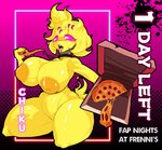 anthro areola beakless blonde_hair clothing container female food hair machine nipples non-mammal_nipples nude pink_eyes pizza pizza_box solo tongue tongue_out yellow_body stormkinght five_nights_at_freddy's fredina's_nightclub scottgames chica_(fnaf) chiku_(cryptiacurves) animatronic avian bird chicken galliform gallus_(genus) phasianid robot 2022 digital_media_(artwork)