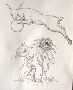 1_eye ball ears_up feral group hand_holding jumping long_ears looking_at_viewer male one_eye_closed plant scut_tail short_tail tail trio reynard_goodfellow lagomorph leporid mammal rabbit monochrome