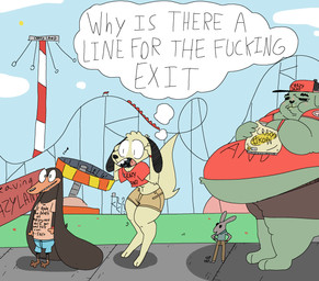 amusement_park amusement_ride anthro belly big_belly big_ears black_body black_ears black_eyes black_fur black_nose black_text blue_bottomwear blue_clothing blue_shorts bottomwear brown_body brown_fur clock clothing cloud collared_shirt crop_top crumbs detailed_background eating eating_food floppy_ears food fur grass grey_body grey_fur group hand_on_head hands_on_hips hat head_tuft headgear headwear male midriff morbidly_obese multicolored_body multicolored_fur navel obese open_mouth overweight pants plant profanity red_clothing red_crop_top red_hat red_headwear red_shirt red_topwear red_wristband roller_coaster shirt shorts sidewalk sign sky snack standing tail tan_body tan_bottomwear tan_clothing tan_fur tan_pants tan_shorts tapping tapping_foot text text_on_clothing text_on_shirt text_on_topwear thought_bubble topwear tuft waiting_in_line watch wristband wristwatch agusta stich_(agusta) canid canine canis dachshund domestic_dog hunting_dog lagomorph leporid mammal rabbit 2025 comic english_text hi_res one_panel_comic
