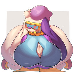anthro big_breasts big_butt blush breasts butt clothing female huge_breasts huge_butt red_eyes shortstack solo topwear visor white_body lightmizano bubsy_(series) bubsy_4d baarbee_(bubsy) bovid caprine mammal sheep hi_res