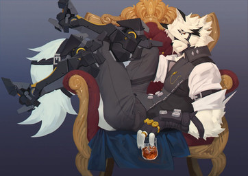 anthro armchair belt black_clothing black_nose black_suit chair clothed clothing cybernetic_leg cybernetic_limb digit_ring finger_ring fingerless_gloves fingers fur furniture gloves hair handwear harness jewelry looking_at_viewer male mechanical_leg on_armchair red_eyes shirt side_view solo suit topwear vest white_body white_clothing white_fur white_hair white_shirt white_topwear adios_(pixiv) mihoyo zenless_zone_zero von_lycaon canid canine canis mammal thiren wolf 2026 digital_media_(artwork)