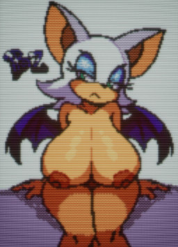 anthro big_breasts breasts crt_effect female huge_breasts looking_at_viewer nipples nude sitting solo wide_hips wings bonkez sega sonic_the_hedgehog_(series) rouge_the_bat bat mammal digital_media_(artwork) pixel_(artwork) signature watermark