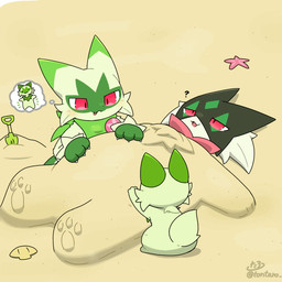 ambiguous_anthro ambiguous_feral ambiguous_gender anthro beach blush buried buried_in_sand cheek_tuft claws dipstick_tail emanata evolutionary_family facial_tuft feral fur gloves_(marking) green_body green_ears green_fur green_tail group kemono markings mask narrowed_eyes open_mouth pawpads question_mark red_eyes sand sea seashell shell short_tail shovel tail tail_markings tail_motion tailwag thought_bubble tongue tongue_out tools trio tuft water white_claws tontaro nintendo pokemon felid feline floragato generation_9_pokemon mammal meowscarada pokemon_(species) sprigatito 1:1 2024 2d_animation animated frame_by_frame loop signature
