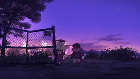 ambiguous_gender anthro biped building clothed clothing cloud duo evening female fence graduation_cap graduation_robe high_school looking_at_viewer male metal_fence night outside plant school shrub sky star tree itsdanfango jackson_(itsdanfango) julie_(itsdanfango) canid canine canis domestic_dog fox mammal 2023 hi_res