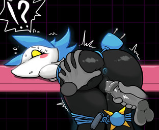 5_fingers anthro anus arms_tied balls bent_over blue_hair blue_vulva blush bodily_fluids bound breasts butt butt_grab clothing disembodied_penis duo electrical_plug emanata female fingers floating_hands frown fully_bound furniture genital_fluids genitals glans grey_balls grey_body grey_glans grey_penis hair hand_on_butt imminent_sex interrobang legs_tied looking_back lying machine male male/female on_front penis prodding rear_view shaking simple_background snout solo_focus spread_butt spreading surprised sweat sweatdrop table trembling vaginal vulva weapon whip white_body yellow_eyes anonymous_artist deltarune undertale_(series) tasque_manager darkner robot
