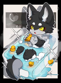 bathing bathroom bathtub blood blood_on_face bodily_fluids fur male multicolored_body multicolored_fur solo yellow_eyes mpie4ever toryblade_blackace canid canine canis mammal wolf hi_res