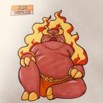 2018 2_toes 3_fingers alternate_color anthro asian_mythology belly biped blonde_eyebrows bottomwear buddha clothed clothing cloven_hooves deity emboar english_text eyebrows eyes_closed fakemon feet fingers fire firefightdex forehead_gem front_view frown full-length_portrait gem generation_5_pokemon hand_on_leg hi_res hindu hindu_mythology hooved_fingers hooves loincloth male mammal marco_fanjul marker_(artwork) mixed_media moobs mythology nintendo obese obese_anthro obese_male orange_hooves overweight overweight_anthro overweight_male pen_(artwork) pig_nose pink_body pink_skin pokemon pokemon_(species) portrait red_nose religion ruby_(gem) shadow simple_background sitting solo suina text thick_eyebrows toes toony topless traditional_media_(artwork) tusks unibrow white_background