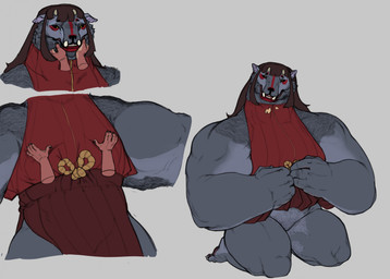 anthro bangs black_sclera bottomless bottomwear breasts brown_hair clothed clothing disembodied_hand female fur grey_body grey_fur hair horn lips long_hair makeup muscular muscular_anthro muscular_female sharp_teeth simple_background skirt small_breasts solo_focus teeth eggy_weggi patience_(eggy_weggi) canid canine mammal 2024 digital_drawing_(artwork) digital_media_(artwork) hi_res multiple_images