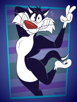 3_toes 4_fingers anthro arched_back arched_soles belly bent_leg biped black_body black_fur black_pawpads casual_nudity cheek_tuft chest_tuft clenched_teeth curling_tail curling_toes curvy_figure dipstick_tail facial_tuft feet fingers fur gesture gloves_(marking) grin grinning_at_viewer hand_behind_head hand_gesture head_tuft humanoid_heel leg_markings lines_drawn looking_at_viewer male markings nude on_one_leg open_mouth pattern_background pawpads paws pecs plantigrade pose raised_foot red_nose ribs simple_background small_waist smile smiling_at_viewer smirk smirking_at_viewer socks_(marking) soles solo standing striped_background tail tail_markings teeth toes toony tuft v_sign wasp_waist whiskers white_belly white_body white_feet white_fur white_hands white_sclera white_tail_tip wide_hips gavanzude looney_tunes warner_brothers sylvester_(looney_tunes) domestic_cat felid feline felis mammal tuxedo_cat 2025 alternate_version_at_paywall colored digital_drawing_(artwork) digital_media_(artwork) flat_colors hi_res pinup signature