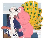 anthro apartment bathrobe bathrobe_only beak big_penis big_tail blush bodily_fluids clothing duo erection eyes_closed feathers fur genital_fluids genitals inside interspecies long_penis male male/male muscular muscular_anthro muscular_male nude penis penis_grab pink_body pink_feathers precum robe standing tail tail_feathers white_body white_fur roly madri_(madrii) taoz_(madrii) avian bird canid canine canis domestic_dog galliform mammal peafowl phasianid 2024 hi_res