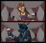 2015 anthro antlers black-kitten blue_eyes breasts canid canine chris_(chris13131415) clothed clothing comic deer double_pov duo female female_pov first_person_view fur hair heterochromia horn jenny_(chris13131415) looking_at_viewer male male_pov mammal red_eyes romantic romantic_ambiance romantic_couple smile
