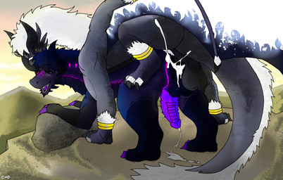balls big_balls big_penis bite bodily_fluids claws cum cum_inside duo erection feral fluffy fluffy_tail genital_fluids genitals grey_body hair huge_penis knot knotted_penis knotting leaking_cum looking_pleasured male male/male open_mouth penetration penis pinned purple_body sex simple_background tail teeth wings exoticdragonbeing mythology starius-drago_(dragonphoenix790) dragon mythological_creature mythological_scalie scalie hi_res