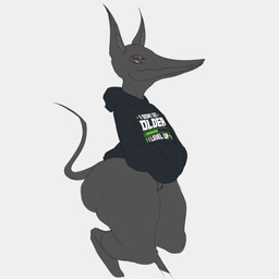 4_eyes anthro big_butt black_clothing black_hoodie black_topwear bottom_heavy butt clothing featureless_crotch female front_view grey_background grey_body hoodie horizontal_pupils huge_butt long_snout looking_at_viewer multi_eye pupils red_eyes shortstack simple_background smile snout solo thick_thighs topwear wide_hips chalktooth monster 1:1 absurd_res hi_res