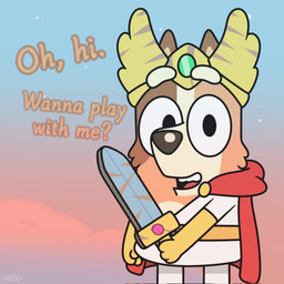 anthro big_eyes cape clothing female fur gloves handwear melee_weapon simple_background solo sword text weapon zankandreas bluey_(series) chilli_heeler australian_cattle_dog canid canine canis cattledog domestic_dog herding_dog mammal pastoral_dog 1:1 hi_res