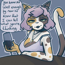 anthro beverage big_breasts blush blush_lines breasts cleavage clothed clothing dialogue ear_piercing female green_eyes hair holding_beverage holding_object inner_ear_fluff jewelry markings mole_(marking) mole_on_breast mole_under_eye mole_under_mouth necklace off_shoulder piercing pink_hair smile smiling_at_viewer solo speech_bubble spots tail text tuft bbravaa polly_(bbravaa) felid mammal 1:1 english_text