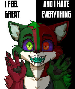 anthro black_pawpads breasts brown_nose cleavage clothed clothed_anthro clothed_female clothing female fur green_body green_fur green_tongue heterochromia open_mouth pawpads purple_sclera red_body red_fur solo text tongue daigaijin ayzutho canid canine fox mammal 5:6 english_text hi_res