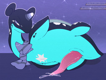 alternate_color animal_genitalia animal_penis bedroom_eyes bodily_fluids cetacean_genitalia cetacean_penis clothing cum cum_on_ground ejaculation erection feral flippers genital_fluids genital_slit genitals half-closed_eyes horn looking_at_viewer male narrowed_eyes penis ribbons seductive simple_background slitfluid solo tapering_penis wet wet_penis vogold nintendo pokemon aquatic generation_1_pokemon lapras pokemon_(species) 4:3 digital_media_(artwork)