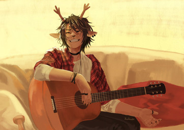 acoustic_guitar anthro antlers black_hair bottomwear choker clothed clothed_anthro clothed_female clothing ear_piercing eyes_closed fan_designs female flannel fully_clothed fully_clothed_anthro fully_clothed_female guitar hair horn humanoid_hands jewelry messy_hair musical_instrument necklace pants piercing playing_guitar playing_music plucked_string_instrument red_clothing red_shirt red_topwear shirt short_hair sitting solo string_instrument tomboy toothy_smile topwear yuulinshi deltarune undertale_(series) dess_holiday deer mammal new_world_deer reindeer absurd_res hi_res