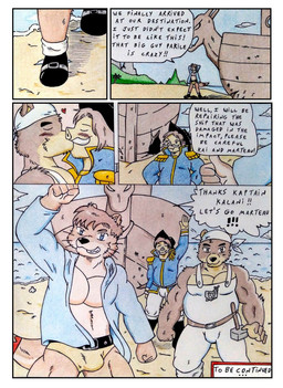 adventure adventurer anthro barazoku beach biceps black_clothing black_hat black_headwear black_nose blue_clothing blue_eyes blue_topwear blush blush_lines bottomwear brown_body brown_eyes brown_fur brown_hair bulge clothed clothing comic_panel day dialogue eyes_closed footwear fur hair hammer hat headgear headwear heart_symbol island jacket kerchief kissing male manly markings melee_weapon multicolored_body multicolored_fur muscular muscular_anthro muscular_arms muscular_male open_clothing open_jacket open_topwear overweight pecs romantic romantic_couple sand sea seaside ship shoes tail tail_markings tan_body tan_fur text tools topwear underwear vehicle walking water watercraft weapon white_clothing dashthefox kai_(dash_fox) marteau bear mammal mustelid otter suid suine sus_(pig) wild_boar absurd_res comic english_text hi_res traditional_media_(artwork)