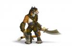 3:2 4_ears anthro armor charr claws dagos fangs felid female fighting_pose flat_chested frown fur green_eyes guild_wars horn mammal mane melee_weapon multi_ear orange_body orange_fur pose simple_background solo sword teeth weapon white_body white_fur