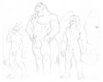 animal_genitalia anthro balls feathered_wings feathers fully_sheathed genitals group male muscular nude sheath smile standing tail wings neosavias mythology canid canine dragon equid equine horse hybrid mammal mythological_creature mythological_scalie scalie monochrome sketch