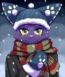 anthro blush clothing gloves handwear hat headgear headwear looking_at_viewer male outside pawpads scarf smile snow solo nako morenatsu shin_(morenatsu) domestic_cat felid feline felis mammal 2017 hi_res