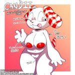 anthro big_breasts breasts candy dessert female food fur holidays markings nipples pink_eyes red_nipples slightly_chubby solo striped_ears striped_markings striped_tail stripes tail tail_markings text thick_arms thick_thighs white_body white_fur stillelk62 candii_(stillelk62) canid canine canis domestic_dog mammal 1:1 absurd_res english_text hi_res url