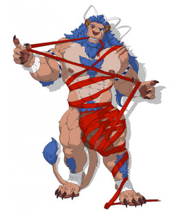 abs anthro arm_tuft balls bared_teeth bdsm big_balls big_muscles big_penis blue_eyes blue_hair body_hair bondage bound brown_body brown_claws brown_fur brown_nipples brown_penis chest_hair claws elbow_tuft finger_claws front_view fur genitals glistening glistening_eyes hair happy_trail heterochromia huge_balls huge_muscles huge_penis humanoid_genitalia humanoid_penis leg_hair looking_at_viewer male male_anthro muscular muscular_anthro muscular_male nipples nude pecs penis pubes red_eyes ribbon_bondage ribbons simple_background solo standing tail tail_tuft teeth tuft white_background dust_yang felid lion mammal pantherine hi_res