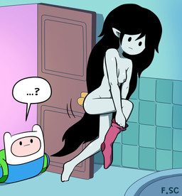 bathroom black_hair breasts clothing door duo female grey_body grey_skin hair humanoid_pointy_ears humor mostly_nude nipples not_furry oblivious pointy_ears question_mark undressing fizzyspidercider2 adventure_time cartoon_network finn_the_human marceline_abadeer human humanoid mammal vampire hi_res meme