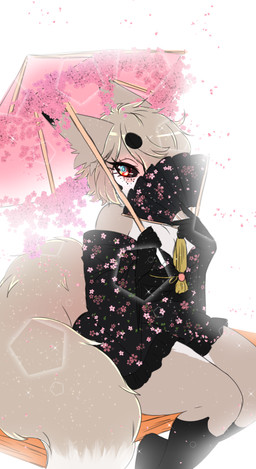 asian_clothing bench breasts cherry_blossom cleavage clothed clothing east_asian_clothing female flower hand_fan japan japanese_clothing kimono looking_at_viewer plant prunus_(flower) solo umbrella vaini nanachi_hantomei canid canine fennec_fox fox mammal true_fox absurd_res hi_res