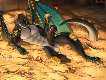 abs animal_genitalia animal_penis anthro athletic athletic_male balls big_penis black_sclera dreadlocks equine_genitalia equine_penis genitals golden_claws horn looking_at_viewer lying male pecs penis solo tail treasure_hoard wings kimmarionsa mythology kane_(metgross) dragon mythological_creature mythological_scalie scalie hi_res