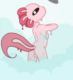 anthro backsack balls bathing black_sclera butt dripping external_gills femboy fin genitals gills hand_on_chest looking_at_viewer looking_back male male_anthro nude nude_anthro nude_male pink_body pink_skin pose presenting presenting_hindquarters shower shower_head showering simple_background solo standing steam tail tail_fin tasteful_nudity wet white_background nobuddy sorbet_(nobuddy) amphibian aquatic axolotl mole_salamander salamander hi_res