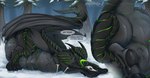 ambiguous_gender ambiguous_pred ambiguous_prey belly big_belly black_body black_sclera cutaway day duo feral feral_pred green_eyes green_markings green_tongue grey_body grey_wings huge_belly licking licking_lips licking_own_lips lying markings membrane_(anatomy) membranous_wings on_front outside paw_imprint plant semi-anthro side_view snow solo_focus speech_bubble text tongue tongue_out tree vore wings santanahoffman mythology dragon mythological_creature mythological_scalie scalie artist_name english_text hi_res