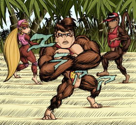 4_toes barefoot baseball_cap blue_eyes bottomless brown_eyes clothed clothing danger featureless_crotch feet female forest green_eyes group hat headgear headwear jojo_pose jungle looking_at_viewer male muscular muscular_male necktie parody partially_clothed pecs pillar_men_pose plant plantigrade pose serious standing text text_on_baseball_cap text_on_clothing text_on_hat text_on_headwear toes tree shesamonkey diddy_kong_racing donkey_kong_(series) jojo's_bizarre_adventure nintendo rareware diddy_kong dixie_kong donkey_kong_(character) ape gorilla haplorhine kong mammal monkey primate meme