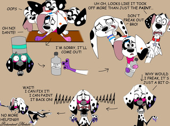 black_ears black_spots bottle bucket_on_head container female feral fur group holding_bottle holding_container holding_object male purple_paws spots text toony trio white_body white_fur white_spots redundantmodule 101_dalmatian_street 101_dalmatians disney da_vinci_(101_dalmatians) dante_(101_dalmatians) dimitri_1_(101_dalmatians) dimitri_2_(101_dalmatians) dimitri_3_(101_dalmatians) dimitri_trio_(101_dalmatians) dolly_(101_dalmatians) dylan_(101_dalmatians) canid canine canis dalmatian domestic_dog mammal english_text hi_res