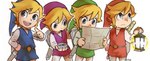 blonde_hair blue_eyes clothing compass group hair hat headgear headwear humanoid_pointy_ears lamp light_body light_skin male map melee_weapon not_furry open_mouth open_smile simple_background smile square_crossover sword weapon ponky four_swords nintendo the_legend_of_zelda wind_waker toon_link humanoid hylian signature