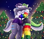 anthro armwear big_bulge black_nose blue_body blue_fur blush bulge christmas_background christmas_decorations christmas_lights christmas_tree clothed clothing duo french_kissing fur green_body green_fur grey_body grey_fur hair heart_symbol holidays kissing legwear making_love making_out male male/male multicolored_armwear multicolored_clothing multicolored_legwear multicolored_thigh_highs open_mouth plant rainbow rainbow_armwear rainbow_clothing rainbow_legwear rainbow_thigh_highs string_lights tail thigh_highs tongue tree underwear white_body white_fur lobito_jony christmas fidget_the_fox kyro_the_husky canid canine canis domestic_dog fox husky mammal nordic_sled_dog spitz absurd_res digital_media_(artwork) hi_res