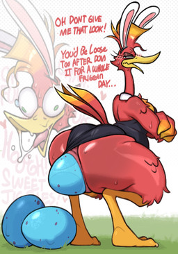 ahegao anthro anus big_butt blush blush_lines bunny_costume butt clothing costume cutaway dialogue egg embarrassed fake_ears fake_rabbit_ears feathers female gaping gaping_anus glistening glistening_butt heart_symbol huge_butt looking_pleasured narrowed_eyes oviposition rear_view red_body simple_background solo standing tail tail_feathers text tight_clothing toony white_background xingscourge banjo-kazooie rareware kazooie avian breegull 2025 digital_media_(artwork) english_text hi_res