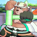 accessory anthro belly brown_body brown_fur clothing fur gloves green_eyes grin hammer handwear headband male overweight overweight_male power_drill smile solo tools seiga_oekakicho lifewonders live_a_hero goro_(live_a_hero) bear mammal 1:1 hi_res