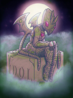 anthro bat_wings bottomwear clothing cracked cracked_stone crystal curled_up female fog foggy_background gem grass_field idol_(object) light membrane_(anatomy) membranous_wings miutember moon moonlight moss night plant rock sculpture sitting skirt solo star statue tentacles wings starsickstudios starstud cthulhu_mythos h._p._lovecraft cthulhu miu_(beauty_snake) aquatic cephalopod coleoid cuttlefish cuttlefish_humanoid decapodiform gargoyle humanoid mollusk 3:4 hi_res