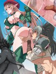 anal armor armwear beret big_butt blonde_hair blue_eyes blush blush_lines bodily_fluids braided_hair breasts butt clothing clothing_aside dark_body dark_skin duo elbow_gloves eyebrow_through_hair eyebrows eyelashes female female/female gloves green_clothing green_gloves green_hair green_handwear green_legwear green_thigh_highs green_thong green_topwear green_underwear grey_lipstick hair handwear hat headgear headwear humanoid_pointy_ears legwear long_hair navel not_furry open_mouth oral pointy_ears ponytail red_beret red_eyes rimming sex shoulder_pads side_boob sweat sweatdrop tan_body tan_skin thick_thighs thigh_highs thong thong_aside tongue tongue_out topwear translucent translucent_hair underwear underwear_aside white_clothing white_topwear wide_hips ryohei_29 queen's_blade alleyne echidna_(queen's_blade) elf humanoid 3:4 absurd_res hi_res