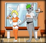 anthro blonde_hair clothing femboy fur green_hair grey_body grey_fur hair legwear male male/male restaurant smile tail thigh_highs touching_tail white_body white_fur charliebnnuy femboy_hooters charlie_(charliebnnuy) domestic_cat felid feline felis lagomorph leporid mammal rabbit absurd_res hi_res