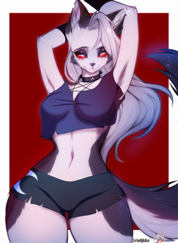 anthro border ear_piercing ear_ring female piercing red_background ring_piercing simple_background solo studs white_border ignitus_(artist) leishkko hellaverse helluva_boss loona_(helluva_boss) canid canine canis mammal wolf 2023 artist_collaboration digital_media_(artwork) hi_res ibispaint_(artwork)