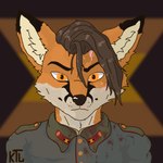 anthro bernhheim_flag blood bodily_fluids brown_hair clothed clothing facial_scar flag fur hair male military_uniform orange_eyes scar solo text uniform kristhelynx project_iskra faur_(kristhelynx) canid canine fox mammal 1:1 2024 digital_media_(artwork) english_text